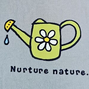 Life is Good women's t-shirt, sz M, blue, "Nurture nature" graphic on front